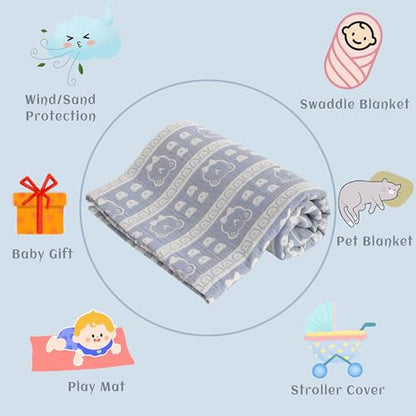 NTBAY 3 Layer Oversized Muslin Cotton Toddler Blanket, Jacquard Reversible Nursery Bed Blanket, Super Soft and Thermal for All Seasons, Baby Gift, 45"x60", Blue Bear - color: Blue Bear, size: 45x60 Inch (Pack of 1)