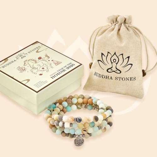 Natural 108 Mala Amazonite Beads Yoga Necklace with Lotus Pendant, Gemstone Beads Wrap Bracelet for Meditation & Mindfulness, Stretch Prayer Beads Necklace for Women & Men, Stress Relief Mother's Day Spiritual Gifts, Includes Gift Box - 6mm