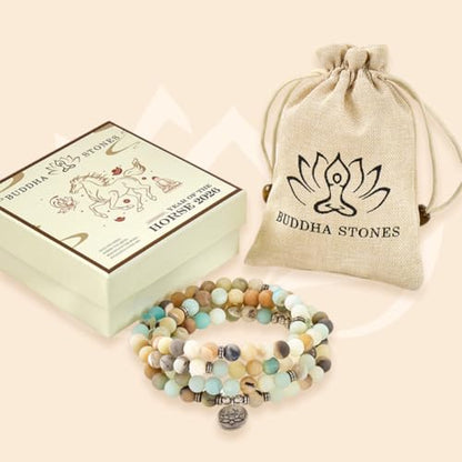 Natural 108 Mala Amazonite Beads Yoga Necklace with Lotus Pendant, Gemstone Beads Wrap Bracelet for Meditation & Mindfulness, Stretch Prayer Beads Necklace for Women & Men, Stress Relief Mother's Day Spiritual Gifts, Includes Gift Box - 6mm
