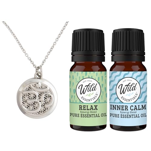 Wild Essentials Silver Aum Essential Oil Diffuser Necklace Gift Set with Inner Calm & Relax Oils – Nickel Free Alloy Pendant with 5 Black Pads – USA Made Oils & Perfume Necklace – Family Company - color: Silver Aum, size: 2 Oils