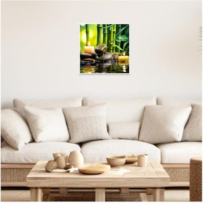 CCWORKERRY Zen Canvas Wall Art Green Bamboo Wall Decor Prints Zen Stones Picture Spa Candle Painting Relaxing Bathroom Office Meditation Decor Unframed (12.00"x12.00") - size: 12.00"x12.00"