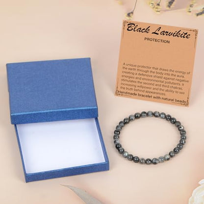 LPBeads Handmade Natural Gemstone Stretch Elastic Bracelet Healing Crystal Round Stone Beads Jewelry Gifts for Women Men - color: Black Larvikite, size: 6mm