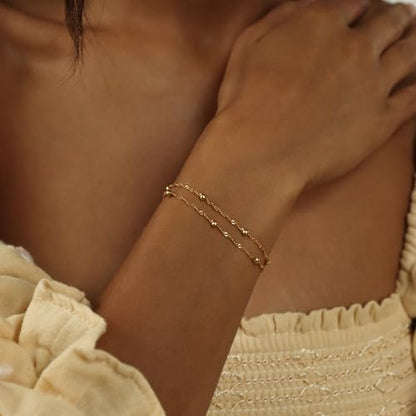 SLOONG Gold Pearl Bracelets for Women Trendy, 14K Gold Plated Dainty Stackable Layered Chain Bridesmaid Bracelets, Waterproof Wedding Jewelry for Women Adjustable 6"+2" - color: Style7(Ripple Chain)