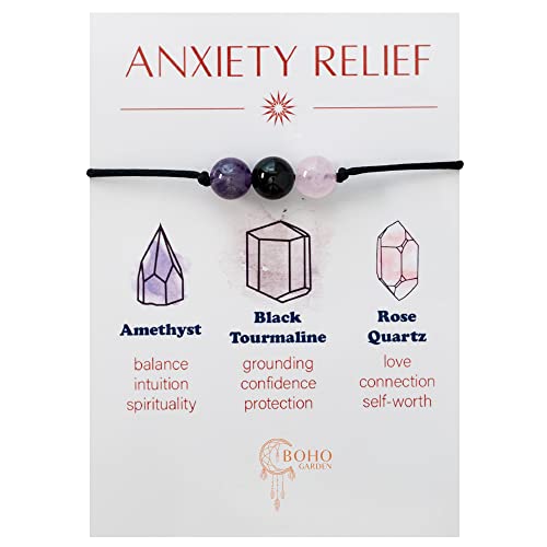 BOHO GARDEN Healing Bead Bracelets - Spiritual Crystal Beaded Bracelet - Made of 3 Real & Natural Gemstones, Adjustable 3-9.7” Black Rope - Gem Stones Jewelry for Men, Women, Teens (13+) - 8mm Bead - color: AnxietyRelief
