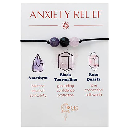 BOHO GARDEN Healing Bead Bracelets - Spiritual Crystal Beaded Bracelet - Made of 3 Real & Natural Gemstones, Adjustable 3-9.7” Black Rope - Gem Stones Jewelry for Men, Women, Teens (13+) - 8mm Bead - color: AnxietyRelief