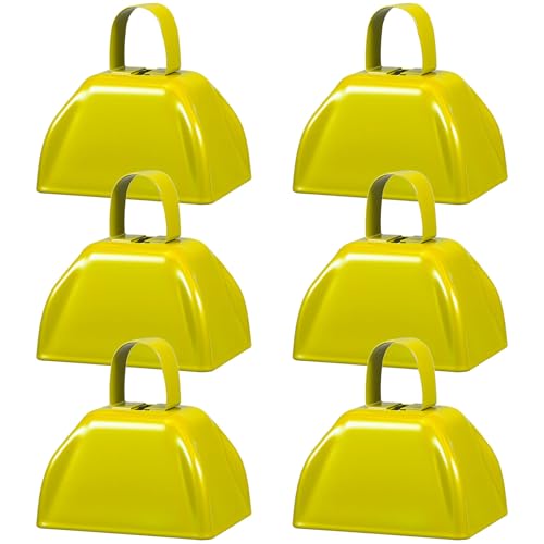 6 Pcs 3 Inch Metal Cowbells Noise Maker Hand Percussion Cow Bells with Handles for Sporting Events Cheering Noisemakers Weddings Team Spirit Sports Party Favors (Yellow) - color: Yellow