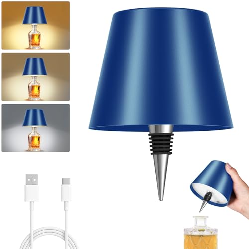 Rechargeable Wireless Bottle Lamp - 3 Color Stepless Dimmable, Metallic Blue Lampshade, 5H Bright Light or 48H Soft Glow,Ideal for Home Décor, Parties, Bar - color: Blue 5H Runtime