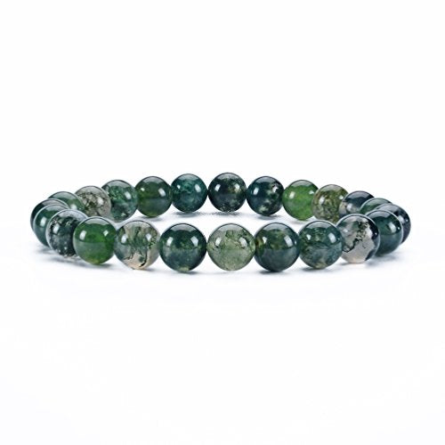 Cherry Tree Collection Gemstone Beaded Stretch Bracelet 8mm Round Beads 7" - color: Moss Agate