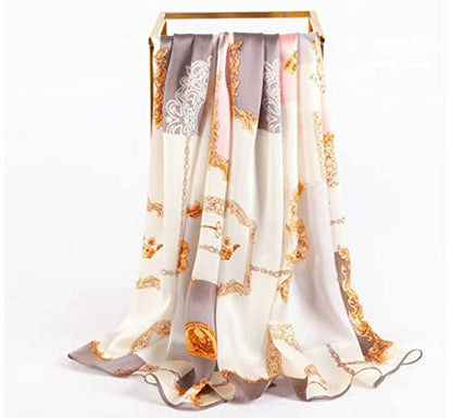 100% Mulberry Silk Long Scarf for Women Large Shawls for Headscarf and Neck- Oblong Hair Wraps with Gift Packed - color: Chains-pink&gray