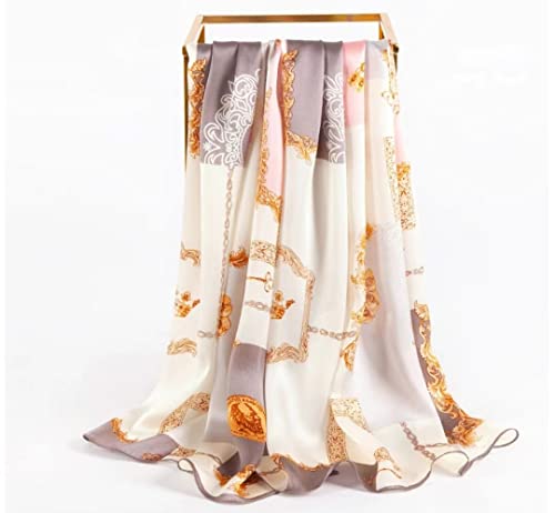 100% Mulberry Silk Long Scarf for Women Large Shawls for Headscarf and Neck- Oblong Hair Wraps with Gift Packed - color: Chains-pink&gray