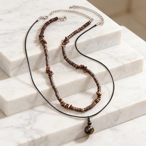 Layered Puka Shell Necklace for Men Brown Coconut Wood Beads Necklace Boho Mens Summer Necklace Surfer Beach Necklace Jewelry - style: A:STYLE 1