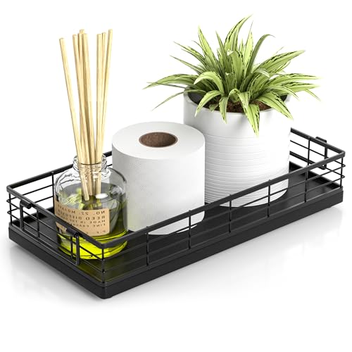 Toilet Paper Basket, 13 Inch Oak and Iron Tank Tray Top of Toilet Storage Toiletries Organizer for Bathroom, Living Room and Kitchen (Black) - color: Black