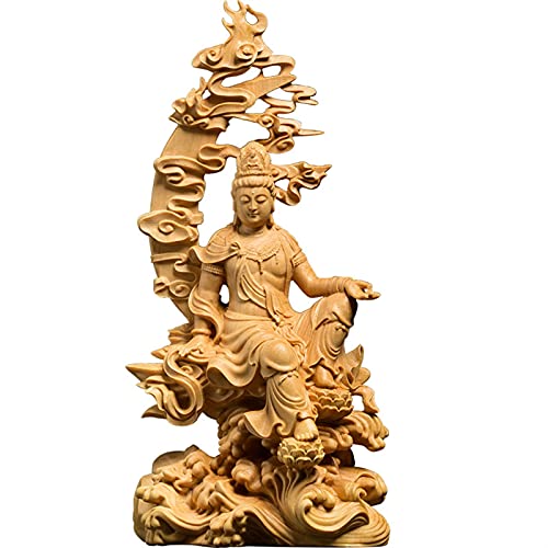 LQX Sculpture Tabletop Sculpture Sculpture Buddha Statue Boxwood 17cm Guanyin Sculpture Wood Goddess of Mercy Buddha Statue Moon Guan Yin Decor Sculpture Buddha Statue Ornaments Decorative Statue