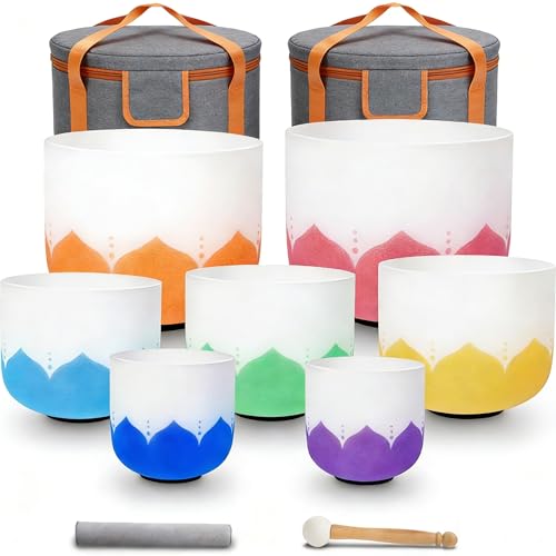Set of 7 size 6-12 inch Lotus Design Chakra Tuned 432hz Quartz Crystal Singing Bowls with Heavy Duty Carrying Cases and Singing Bowl Mallet Suede Strikers WF - color: Set of 7, Lotus