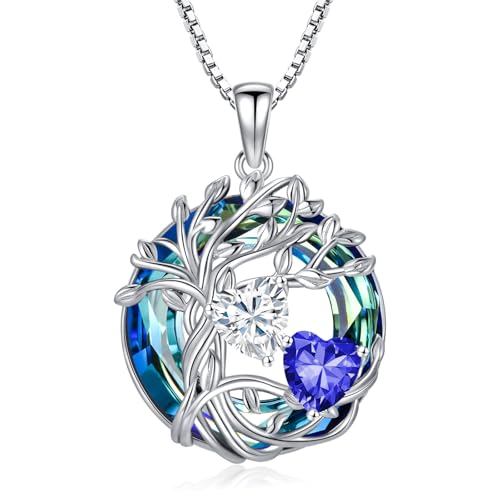 TOUPOP s925 Sterling Silver Family Celtic Tree of Life Pendant Necklaces with 2 Heart Birthstone with Blue Austrian Crystal Jewelry Birthday Valentines Day Gifts for Her, Anniversary Christmas Gifts for Wife Girlfriend Mom (18K Real White Gold Filled) - c