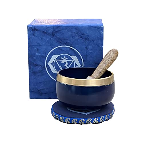 Chakra Singing Bowls with Wooden Striker & Cushion Gift Box Set | Lift Vibration & Frequency; Sound Therapy; Holistic Healing, Meditation & Relaxation Mindfulness Mantra (Third Eye) - color: Third Eye Chakra
