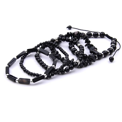 5Pcs Healing Crystal Bracelet for Women Men, Handmade Adjustable Gemstone Bracelets Beaded Reiki Energ Bracelet Set Jewelry Gifts for Women Men - color: Black Onyx