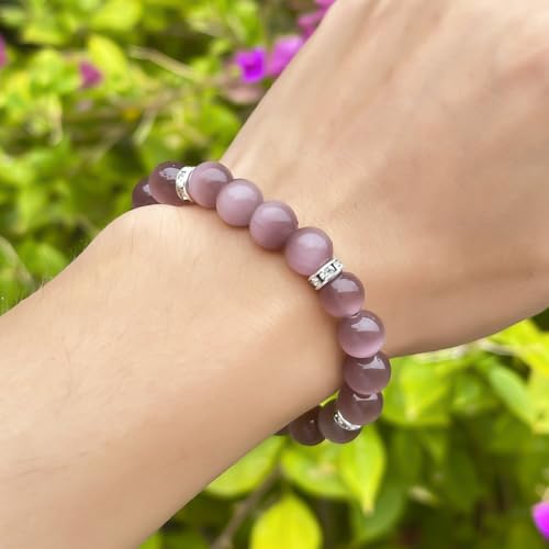 Healing Bracelet For Women Anxiety Crystal Bracelet Chakra Beaded Bracelets Rose Quartz Crystals And Healing Stones Yoga Bead Bracelet Calming Stretch Bracelet Stress Relief Gifts For Women - color: Light Purple-Cat Eye