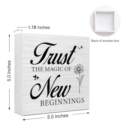 Inspirational Desk Decor for Women, Trust the Magic of New Beginnings Wood Box Sign, Small Motivational Living Room Bedroom Shelves Desk Decor Signs 5x5x1 INCH - style: Trust the Magic