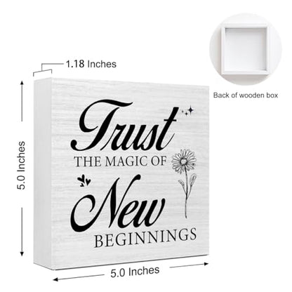 Inspirational Desk Decor for Women, Trust the Magic of New Beginnings Wood Box Sign, Small Motivational Living Room Bedroom Shelves Desk Decor Signs 5x5x1 INCH - style: Trust the Magic