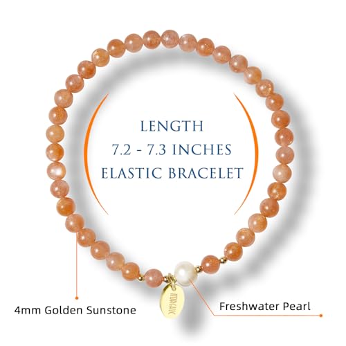 4mm Natural Gemstone Beads Stretch Bracelet for Women, With Freshwater Pearls, Energy Gem Birthday Gift for Her 7.2” - color: Sunstone