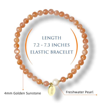 4mm Natural Gemstone Beads Stretch Bracelet for Women, With Freshwater Pearls, Energy Gem Birthday Gift for Her 7.2” - color: Sunstone