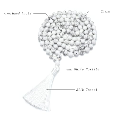 8MM Beads Chakra Long Mala Necklace Natural Stone Meditation Statement Necklace Japa Yoga Buddhist Rosary Prayer Charm Beaded Tassel Necklace - color: White Turquoise