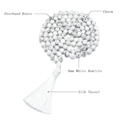 8MM Beads Chakra Long Mala Necklace Natural Stone Meditation Statement Necklace Japa Yoga Buddhist Rosary Prayer Charm Beaded Tassel Necklace - color: White Turquoise
