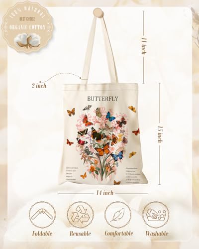 Miss Adola Aesthetic Canvas Tote Bag - Reusable Shoulder Tote Bag for Women Lady Casual Vacation, Shopping, Work, Gym - style: Elegant Butterfly