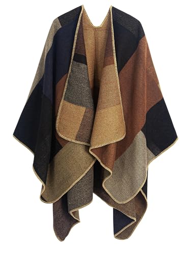 MissShorthair Women's Printed Shawl Wrap Fashionable Open Front Poncho Cape, Gift for Women - color: A-a Brown Black