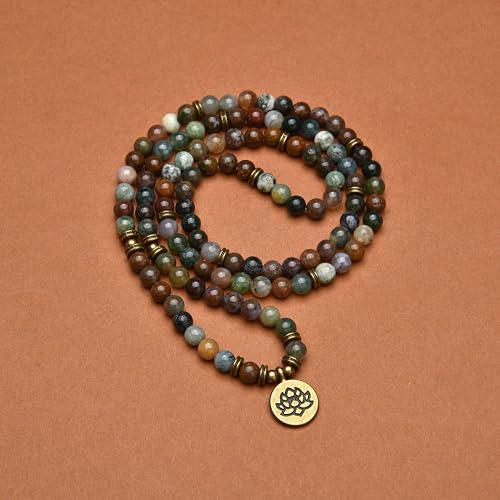 108 Healing Mala Beads Bracelet or Necklace with Gold Lotus Charm - style: Indian Agate