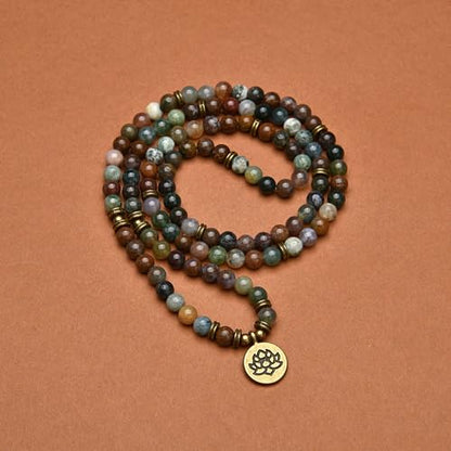 108 Healing Mala Beads Bracelet or Necklace with Gold Lotus Charm - style: Indian Agate
