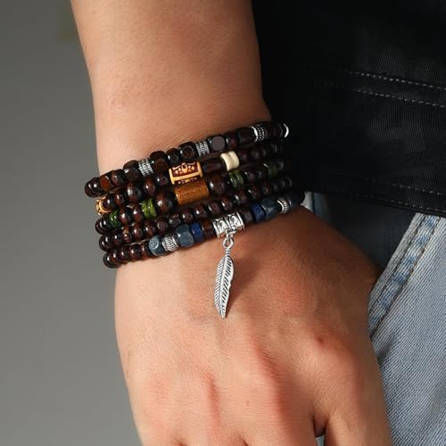 Long tiantian Beaded Bracelets for Men Wooden Bead Bracelets Stackable Layered Stretch Bracelet Trendy Wooden Jewelry Gift for Men - color: C-Bead Bracelets