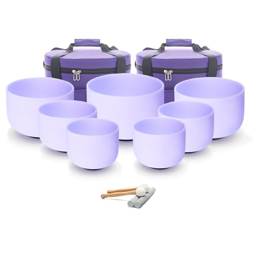 Hye-eun 432hz Purple Crystal Singing Bowls Set of 7Pcs Quartz Frosted Sound Chakra Bowls with Carrying Case for Yoga Meditation Healing Percussion Instruments - color: 7-12inch 432hz Purple 7pcs