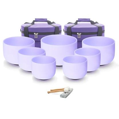 Hye-eun 432hz Purple Crystal Singing Bowls Set of 7Pcs Quartz Frosted Sound Chakra Bowls with Carrying Case for Yoga Meditation Healing Percussion Instruments - color: 7-12inch 432hz Purple 7pcs