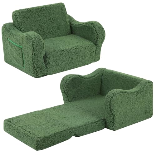 MOMCAYWEX Kids Sofa, 2-in-1 Flip-Out Foam Couch with Soft Sherpa Cover, Cozy Play Lounge Chair, Green - color: Green, size: Medium