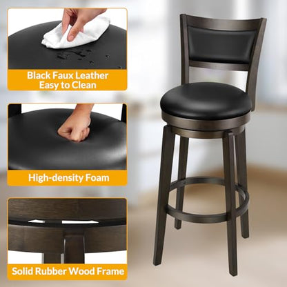 PrimeZone Swivel Bar Stools Set of 2, 30 Inch Bar Height Barstools, Black Faux Leather Bar Stool with High Backrest & Solid Wood Legs & Wrap-Around Footrest, Counter Stools for Kitchen Island, Pub - size: 30" Bar Height