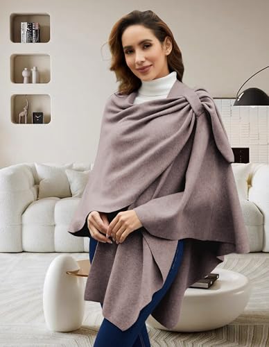 PULI Womens Large Cross Front Poncho Sweater Wrap Topper Knitted Elegant Shawls Cape for Fall Winter - color: 1-oatmeal