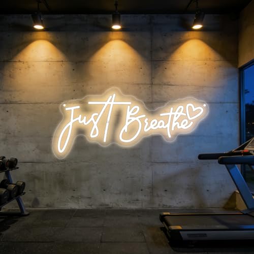 "Just Breathe" Neon Sign Beating Breath , Spa Decor For Wall, Bedroom Aesthetic Neon Light Wall Quote, for Yoga Room Pilates Studio Bedroom Gym Decoration, Meditation Room & Relaxation Gift-17.7IN-Warm White/Ice Blue - color: Just Breathe-Warm White
