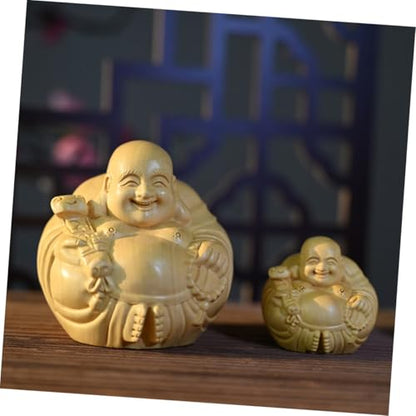 Hand-Carved Maitreya Buddha Wooden Decoration Small Desktop Ornament Unique Boxwood Sculpture for Home Zen and Spiritual Table Adornment Stable Flat Bottom Design