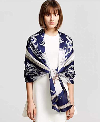 100% Mulberry Silk Long Scarf for Women Large Shawls for Headscarf and Neck- Oblong Hair Wraps with Gift Packed - color: Navy&white -Phoenix Tail Fern