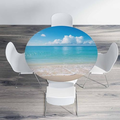 Seascape Round Table Cloth Ocean Wave Beach Clouds Coast Sky Sea Nature Sunny Scenic Elastic Edged Table Cover Fade and Stain Resistant Table Cloths Easy to Clean Fits Tables 40-44" Diameter - color: Seascape