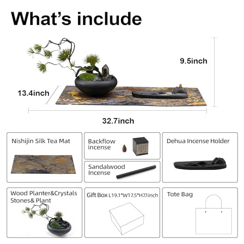 Pine Cloud Zen Décor Set – Feng Shui Bonsai Arrangement, Citrine & Black Tourmaline Crystals, Dehua Ceramic Incense Holder, Nishijin Silk Mat – Meditation & Healing Gift Set - style: Pine Cloud
