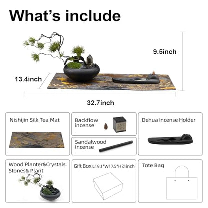 Pine Cloud Zen Décor Set – Feng Shui Bonsai Arrangement, Citrine & Black Tourmaline Crystals, Dehua Ceramic Incense Holder, Nishijin Silk Mat – Meditation & Healing Gift Set - style: Pine Cloud