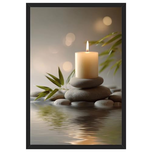 Framed Zen Stones and Candle Poster Canvas Print Art Minimalist Aesthetic Contemporary Wall Art Painting Pictures Wall Decor Exquisite Home Decor Living Room Bedroom Apartment (Black framed,8L X12W) - size: 8L"X12W"