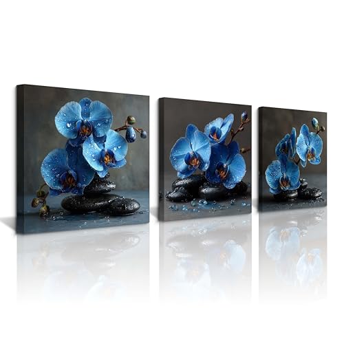 NAN Wind 3PCS Blue Orchid Flower Wall Art Zen Spa Stones Canvas Print Water Droplets Floral Still Life Artwork Tranquil Botanical Modern Bathroom Bedroom Meditation Decor for Home Spa Office - color: Blue Orchid, size: 12X12inchX3pcs