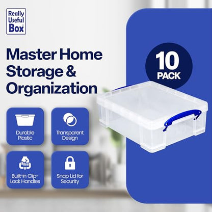 Really Useful Box Stackable 8.1L Plastic Storage Container Bin with Snap Lid & Built-in Clip Lock Handles for Home & Office Organization (10 Pack) - size: 10 Pack