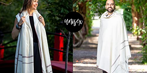 Versatile Premium Wool Blend Meditation Shawl - Large Unisex Prayer Wrap, Oversized Scarf & Yoga Blanket - color: Ivory