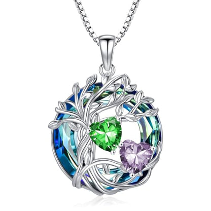 TOUPOP s925 Sterling Silver Family Celtic Tree of Life Pendant Necklaces with 2 Heart Birthstone with Blue Austrian Crystal Jewelry Birthday Valentines Day Gifts for Her, Anniversary Christmas Gifts for Wife Girlfriend Mom (18K Real White Gold Filled) - c