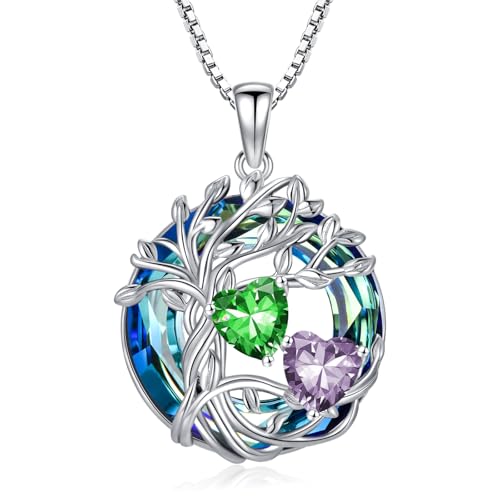 TOUPOP s925 Sterling Silver Family Celtic Tree of Life Pendant Necklaces with 2 Heart Birthstone with Blue Austrian Crystal Jewelry Birthday Valentines Day Gifts for Her, Anniversary Christmas Gifts for Wife Girlfriend Mom (18K Real White Gold Filled) - c